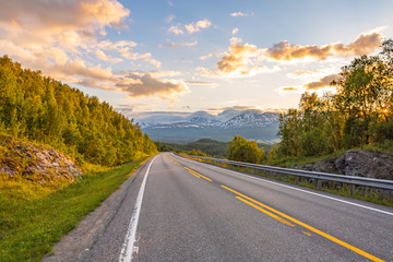 road by the sea in sunrise time, Lofoten island, Norway