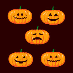 Set pumpkin on brown background. Orange pumpkin with smile for your design for the holiday Halloween. Vector illustration.