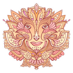 Colorful ornate face of a fairytale elf. Hand-drawn ethnic ornate godess. Tribal boho tattoo. Vector illustration.
