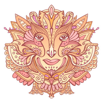 Colorful ornate face of a fairytale elf. Hand-drawn ethnic ornate godess. Tribal boho tattoo. Vector illustration.