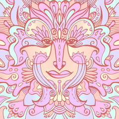 Colorful ornate face of a fairytale elf. Hand-drawn ethnic ornate godess. Tribal tattoo. Vector illustration.