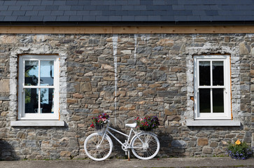 Fototapeta na wymiar White painted decorative bicycle with flowers against stone wall house in rural Ireland