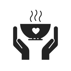 Donation food black glyph icon. Hands hold plate hot food. Pictogram for web page, mobile app, promo. 