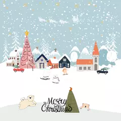 Foto op Plexiglas Vector Winter landscape,Cute winter wonderland at countryside with snow falling, polar bear playing ice skates in the park and family skiing on the mountain, Kawaii greeting card for Christmas © Anchalee