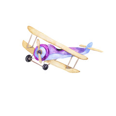 Cute blue and violet airplane isolated on white background. Hand drawn watercolor illustration. - 371179210