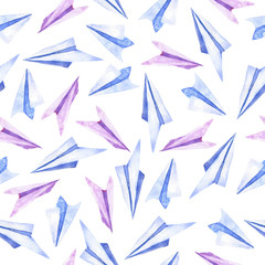Seamless pattern with blue and lilac paper airships on white background. Hand drawn watercolor illustration.