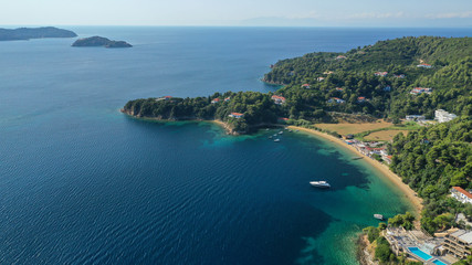 Obraz premium Aerial drone photo of famous seaside area and bay of Kanapitsa with many beautiful secluded sandy beaches, Skiathos island, Sporades, Greece