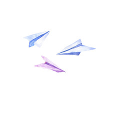 Set of blue and lilac paper planes. Hand drawn watercolor illustration.