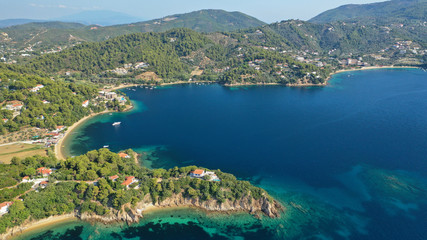 Aerial drone photo of famous seaside area and bay of Kanapitsa with many beautiful secluded sandy...