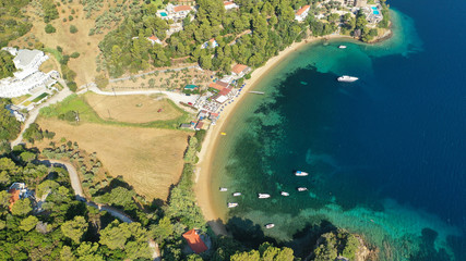 Aerial drone photo of famous seaside area and bay of Kanapitsa with many beautiful secluded sandy...