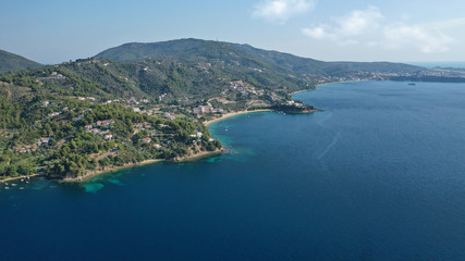 Obraz premium Aerial drone photo of famous seaside area and bay of Kanapitsa with many beautiful secluded sandy beaches, Skiathos island, Sporades, Greece