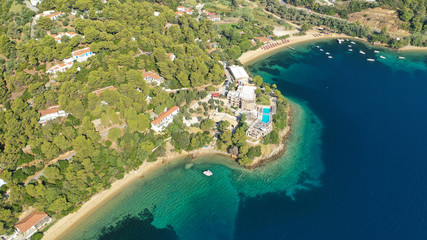 Aerial drone photo of famous seaside area and bay of Kanapitsa with many beautiful secluded sandy...