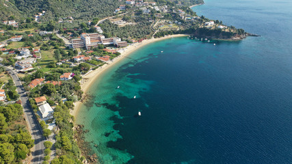 Fototapeta premium Aerial drone photo of famous seaside area and bay of Kanapitsa with many beautiful secluded sandy beaches, Skiathos island, Sporades, Greece
