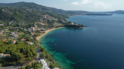 Obraz premium Aerial drone photo of famous seaside area and bay of Kanapitsa with many beautiful secluded sandy beaches, Skiathos island, Sporades, Greece