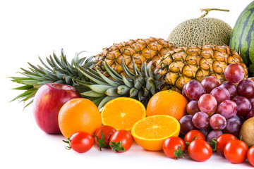 Many kinds of fruits on a bright background, such as apples, bananas, pineapples, oranges, etc.