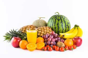 many kinds of fruits on a bright background, such as apples, bananas, pineapples, oranges, etc