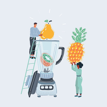 Vector illustration of Couple putting various fruits into big blender. Tiny man and woman on white background.