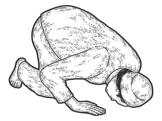 Man prayer in islam. Sketch scratch board imitation. Coloring.
