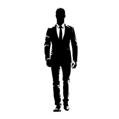 Business man walking forward, abstract vector silhouette, ink drawing. Isolated business people