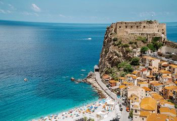 Aerial view of the beautiful Italian beach town of Scilla in the southern region of Calabria - obrazy, fototapety, plakaty