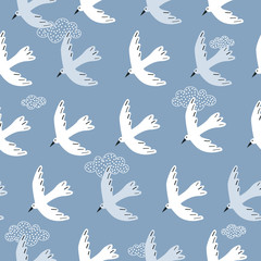 Seamless pattern, birds, clouds, hand drawn overlapping backdrop. Colorful background vector. Cute illustration, seagulls. Decorative wallpaper, good for printing
