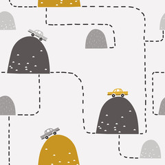 Seamless pattern with cars, hills, hand drawn overlapping backdrop. Colorful background vector. Illustration with automobiles. Decorative wallpaper, good for printing