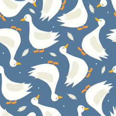 Seamless pattern, birds, feathers, hand drawn overlapping backdrop. Colorful background vector. Cute illustration, geese. Decorative wallpaper, good for printing - 371181660