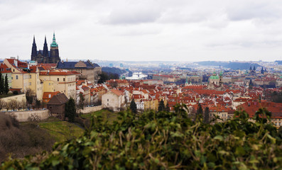 Obraz premium Prague, Czech Republic - March 10, 2020 View of Vysehrad in Prague, red tile roofs of old houses