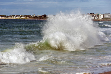 Big high tide and big waves on the Chaussée du Sillon in Saint Malo, Brittany, France