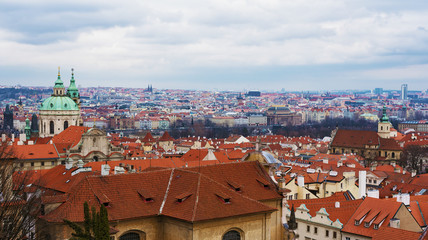 Fototapeta na wymiar Prague, Czech Republic - March 10, 2020 View of Vysehrad in Prague, red tile roofs of old houses
