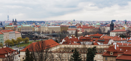Fototapeta premium Prague, Czech Republic - March 10, 2020 View of Vysehrad in Prague, red tile roofs of old houses