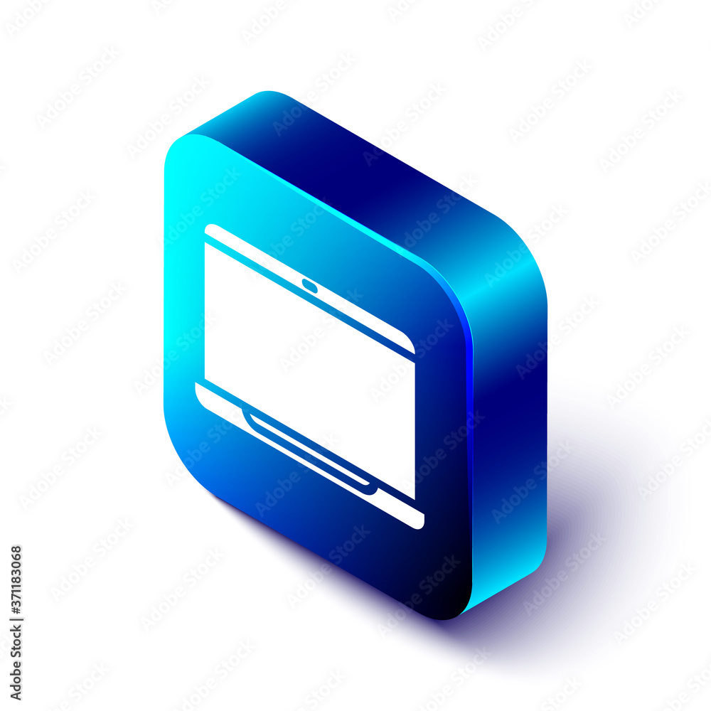 Poster Isometric Laptop icon isolated on white background. Computer notebook with empty screen sign. Blue square button. Vector Illustration.