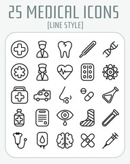 Medical icons set: cross, emergency, pills, deseases, doctor's instruments logo symbols