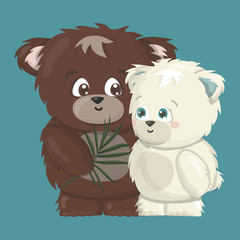 Obraz premium white polar and brown grizzly smiling happy bears are in love cartoon vector illustration on blue background. Grizzly male bear makes a gift a tropical leaf for polar female bear
