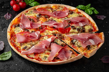 Tasty hot pizza with Bacon, Baked Pork, Tomatoes, Olives, Cheese, Feta, Mozzarella, Basil and Sauce. Pizzeria menu. Concept poster for Restaurants