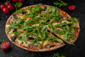 Tasty hot pizza Barbecue with Chicken, Pork, Mushrooms, Arugula, Mozzarella, Onions. Pizzeria menu. Concept poster for Restaurants