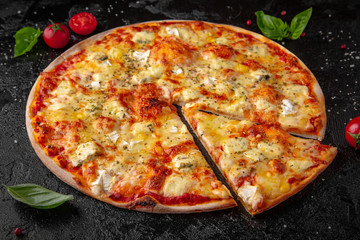 Tasty hot pizza Four Cheese with cheddar cheese, dorblu, mozzarella, grano padano and Tomato Sauce. Pizzeria menu. Concept poster for Restaurants