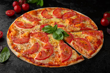 Tasty hot pizza Margherita with cheese, tomatoes and basil. Pizzeria menu. Concept poster for Restaurants