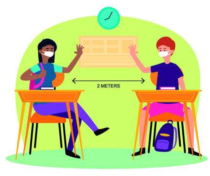 Social distance in New normal Concept, Teacher Boy and girl wearing medical face mask in Classroom. prevent pandemic of corona virus or COVID-19. 