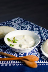 Georgian traditional food Gebjalia, cheese in milk and greens, species.