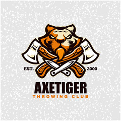 Tiger head with axes and knifes, throwing club logo. Design element for company logo, label, emblem, apparel or other merchandise. Scalable and editable Vector illustration.