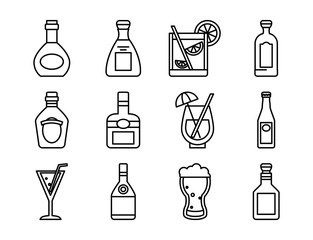 beer glass and liquors icon set, line style