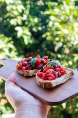 Hand is holding tasty tomato italian bruschetta on toasted slices of bread seasoned with spices and herbs garnished with fresh basil on a wooden board