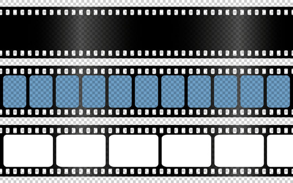 Realistic film strips collection on transparent background. Old retro cinema strip. Vector photo frame. EPS 10