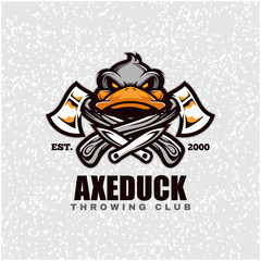 Duck head with axes and knifes, throwing club logo. Design element for company logo, label, emblem, apparel or other merchandise. Scalable and editable Vector illustration.