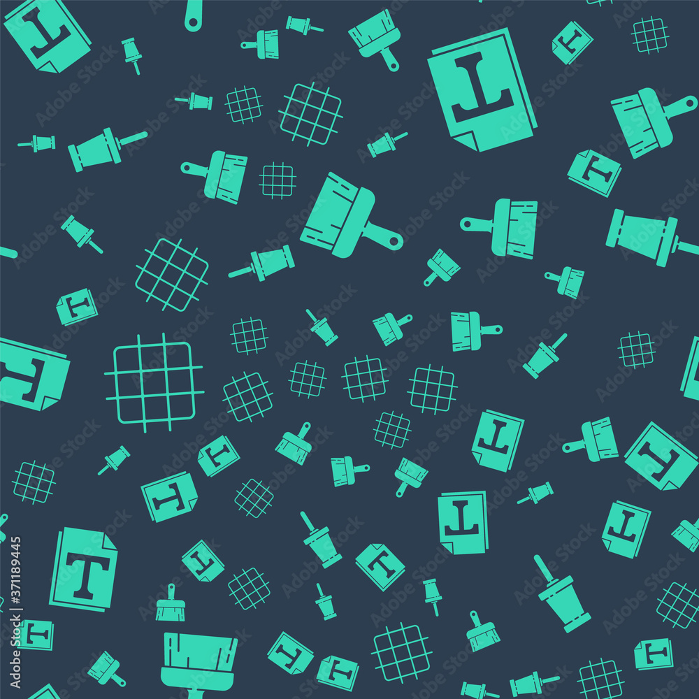 Aufkleber set paint brush, text file document, grid graph paper and push pin on seamless pattern. vector.