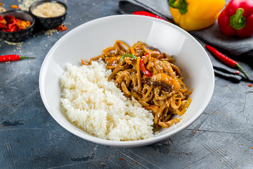 Pork in chili sauce with rice Chinese cuisine