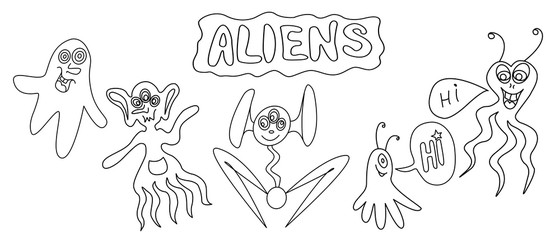 Set of Cute funny aliens. Design element, icon on the theme of UFO, space. Doodles vector illustration