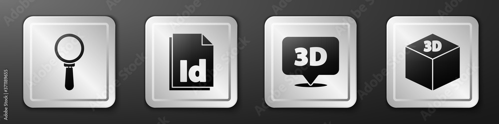 Poster set magnifying glass, id file document, speech bubble with text 3d and isometric cube icon. silver s