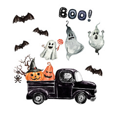 Scary and funny Halloween watercolor illustration with spooky pumpkins in a black pick up truck, flying ghosts, bats, isolated on white background. October holiday card design. © Anna Nekotangerine